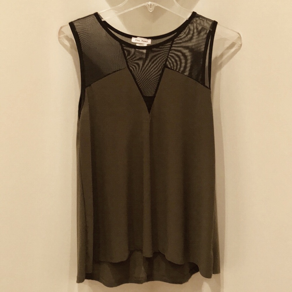 Olive tank with black mesh neck/shoulder line